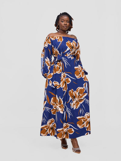 Vivo Yumi Off Shoulder Maxi Dress - Brown / Navy Kigali Print - Shopzetu