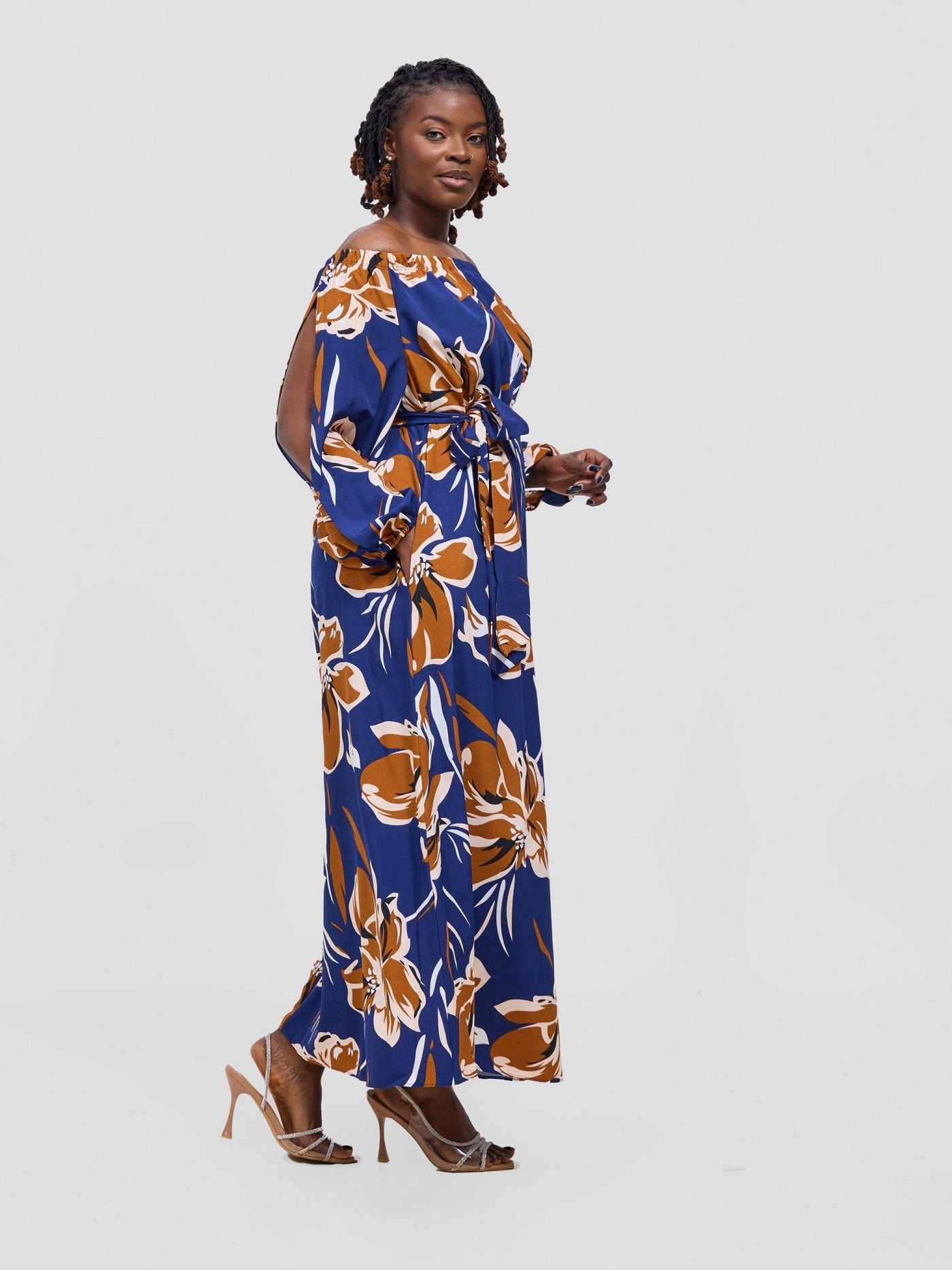 Vivo Yumi Off Shoulder Maxi Dress - Brown / Navy Kigali Print - Shopzetu