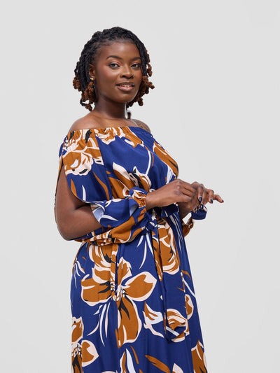 Vivo Yumi Off Shoulder Maxi Dress - Brown / Navy Kigali Print - Shopzetu