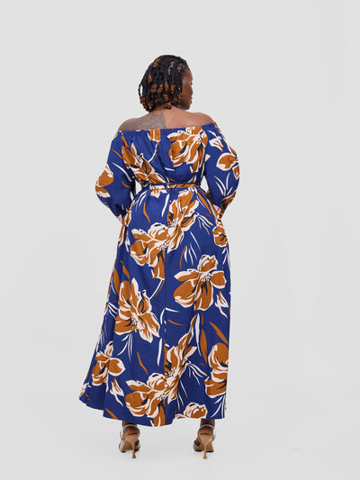 Vivo Yumi Off Shoulder Maxi Dress - Brown / Navy Kigali Print