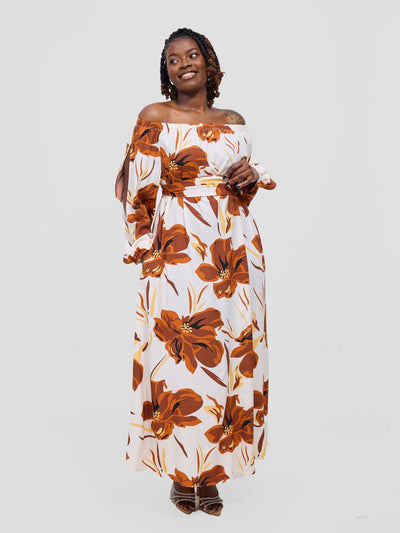 Vivo Yumi Off Shoulder Maxi Dress - Rust / Brown Kigali Print - Shopzetu