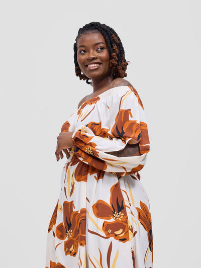 Vivo Yumi Off Shoulder Maxi Dress - Rust / Brown Kigali Print - Shopzetu