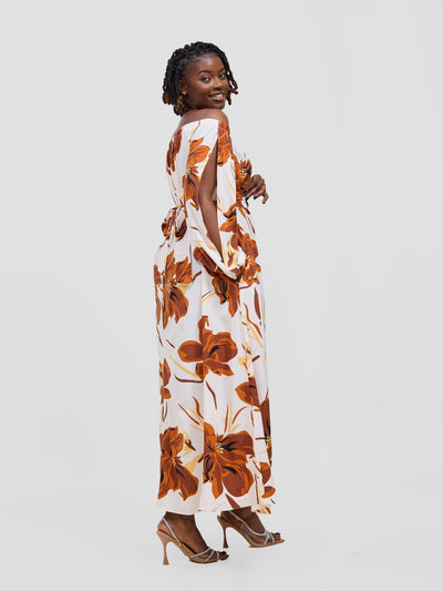 Vivo Yumi Off Shoulder Maxi Dress - Rust / Brown Kigali Print - Shopzetu