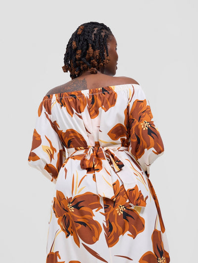 Vivo Yumi Off Shoulder Maxi Dress - Rust / Brown Kigali Print - Shopzetu