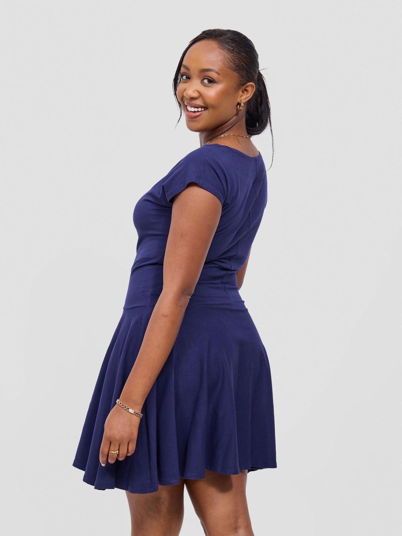 Vivo Mandla Round Neck Drop Shoulder Dress - Navy - Shopzetu