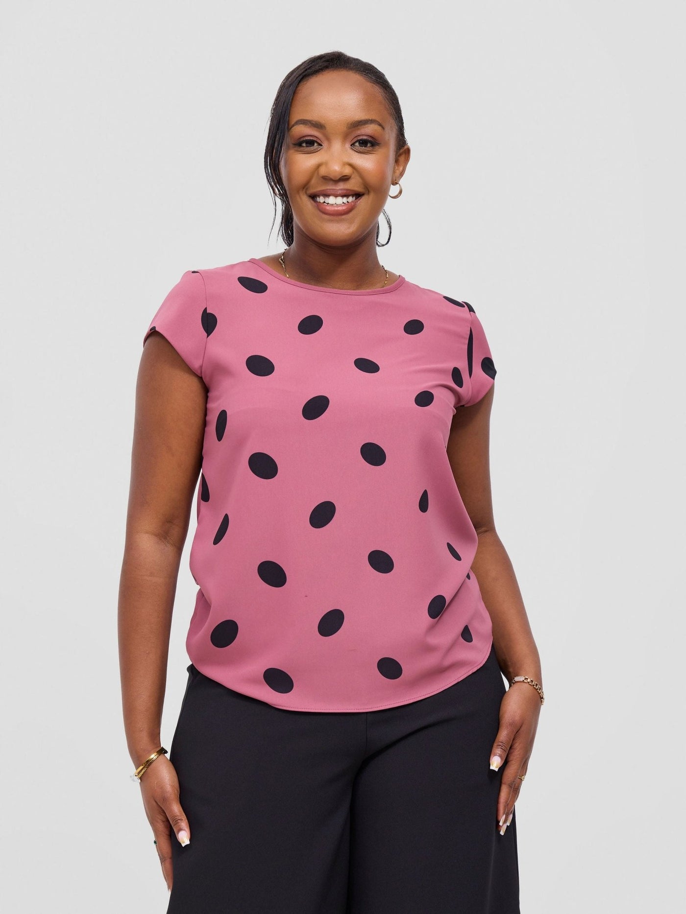 Vivo Basic Crepe Cap Sleeved Top - Dusty Pink / Black Meti print - Shopzetu