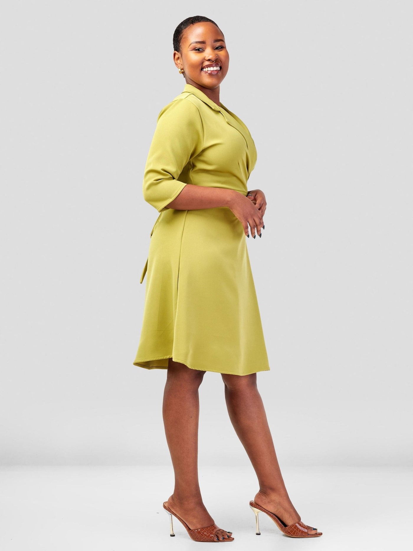 Vivo Taji 3/4 Sleeve Wrap Dress - Olive Green - Shopzetu