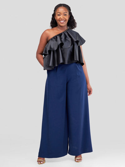 Vivo Naya One Shoulder Flounce Satin Crop Top - Black - Shopzetu