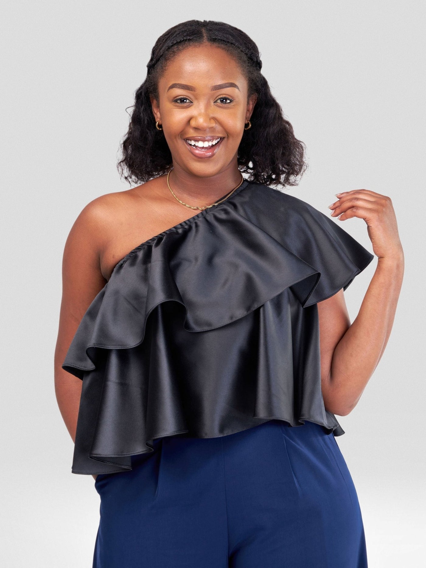 Vivo Naya One Shoulder Flounce Satin Crop Top - Black - Shopzetu