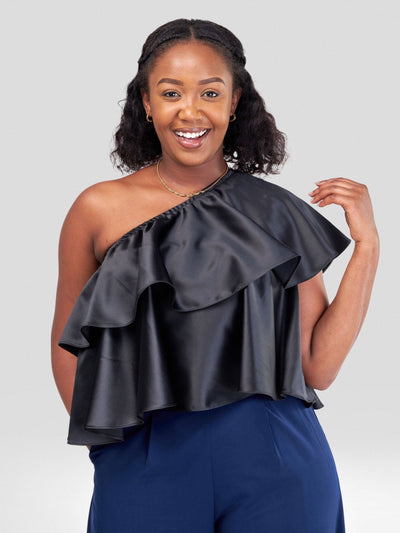 Vivo Naya One Shoulder Flounce Satin Crop Top - Black - Shopzetu