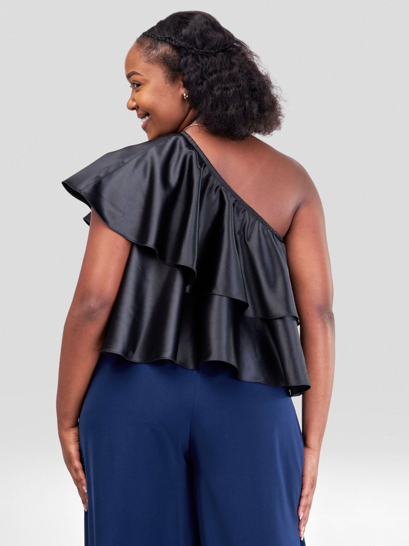 Vivo Naya One Shoulder Flounce Satin Crop Top - Black - Shopzetu