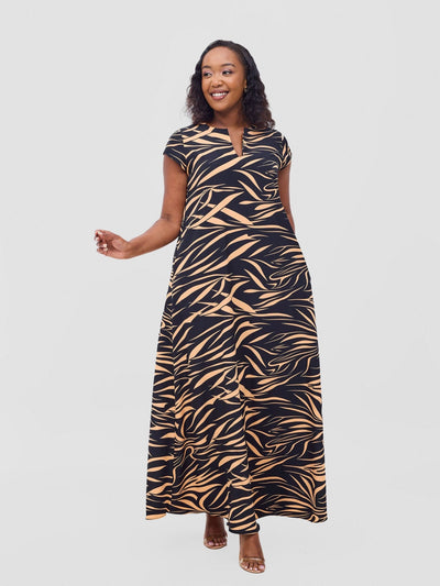 Vivo Zola V Neck Cap Sleeve Maxi Dress - Black / Orange Print - Shopzetu