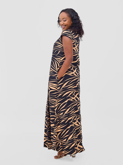 Vivo Zola V Neck Cap Sleeve Maxi Dress - Black / Orange Print - Shopzetu