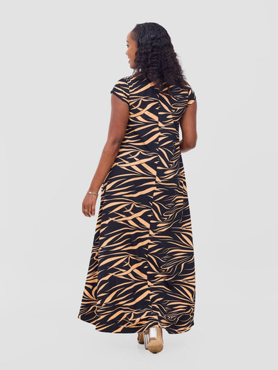 Vivo Zola V Neck Cap Sleeve Maxi Dress - Black / Orange Print - Shopzetu