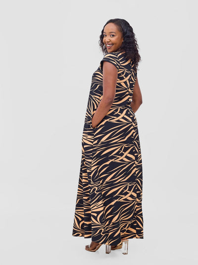 Vivo Zola V Neck Cap Sleeve Maxi Dress - Black / Orange Print - Shopzetu