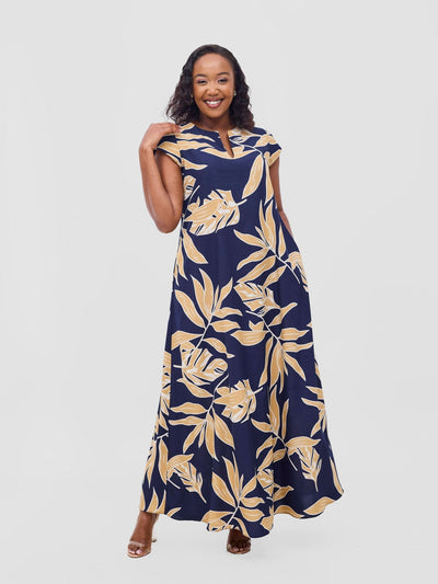 Vivo Zola V Neck Cap Sleeve Maxi Dress - Dark Navy / Taupe Print - Shopzetu