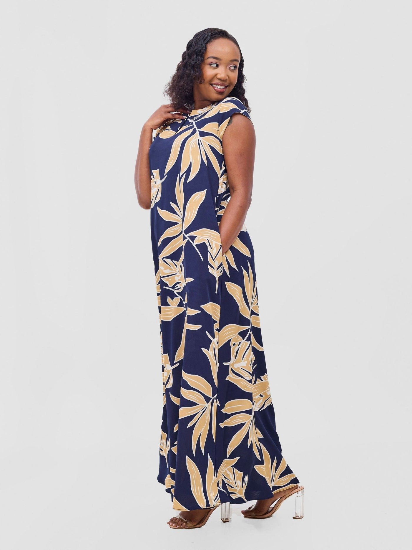 Vivo Zola V Neck Cap Sleeve Maxi Dress - Dark Navy / Taupe Print - Shopzetu