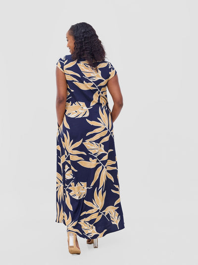 Vivo Zola V Neck Cap Sleeve Maxi Dress - Dark Navy / Taupe Print - Shopzetu