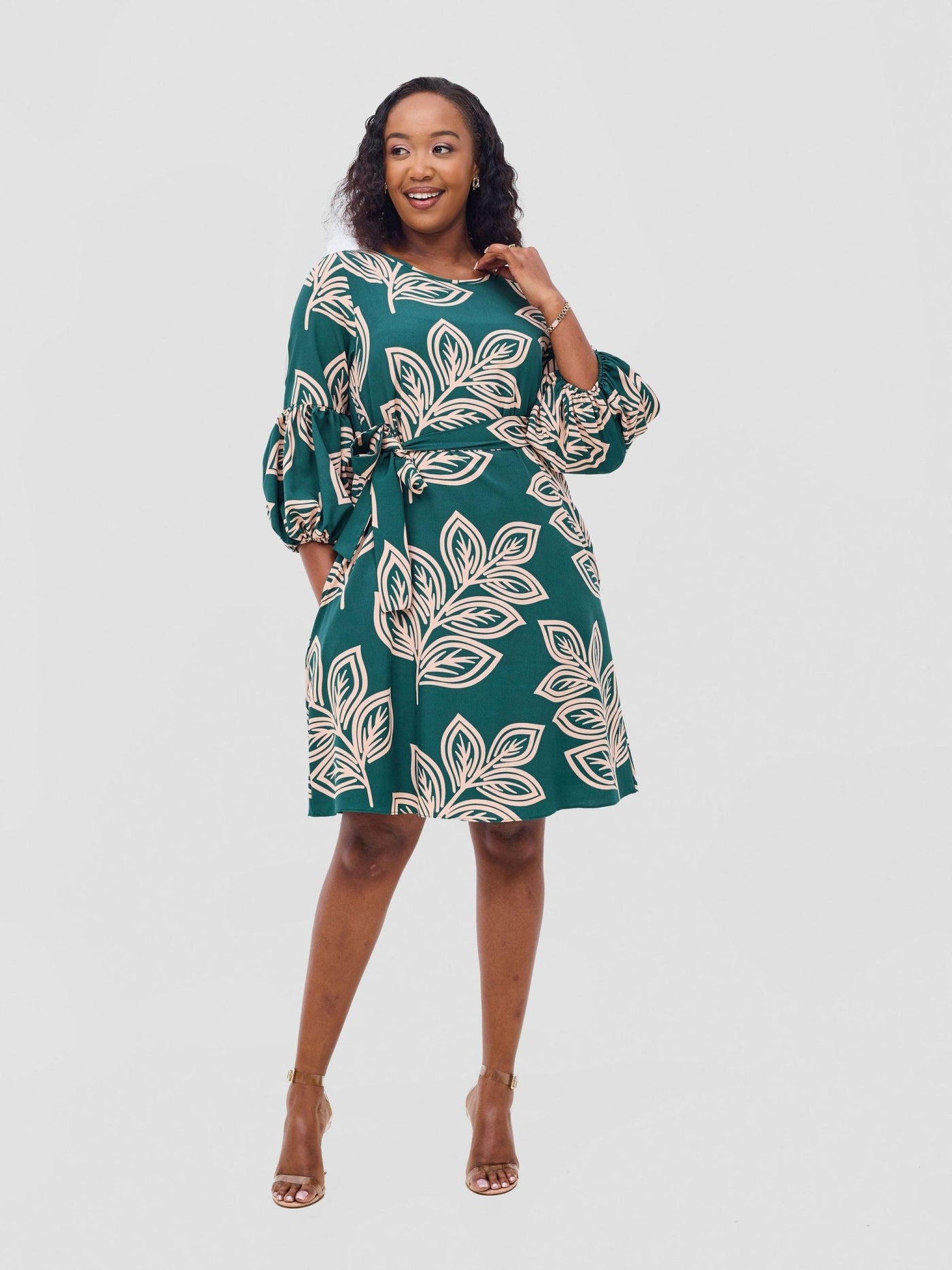 Vivo Zena Bishop Panel Long Sleeve Round Neck Dress - Green / Peach Print - Shopzetu