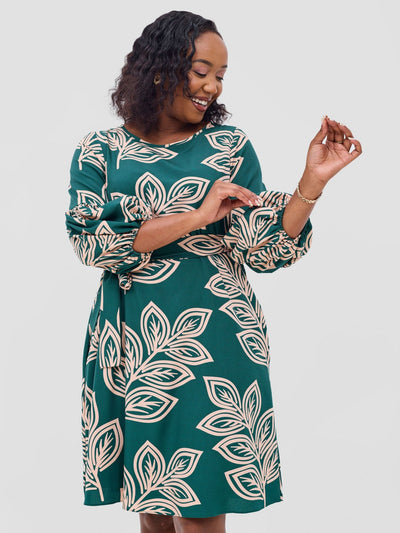 Vivo Zena Bishop Panel Long Sleeve Round Neck Dress - Green / Peach Print - Shopzetu