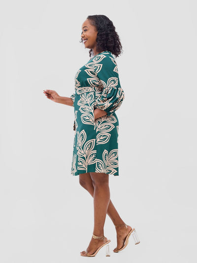 Vivo Zena Bishop Panel Long Sleeve Round Neck Dress - Green / Peach Print - Shopzetu