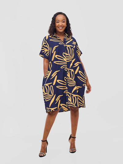 Reba Drop Shoulder Shirt Dress - Dark Navy / Mustard Print - Shopzetu