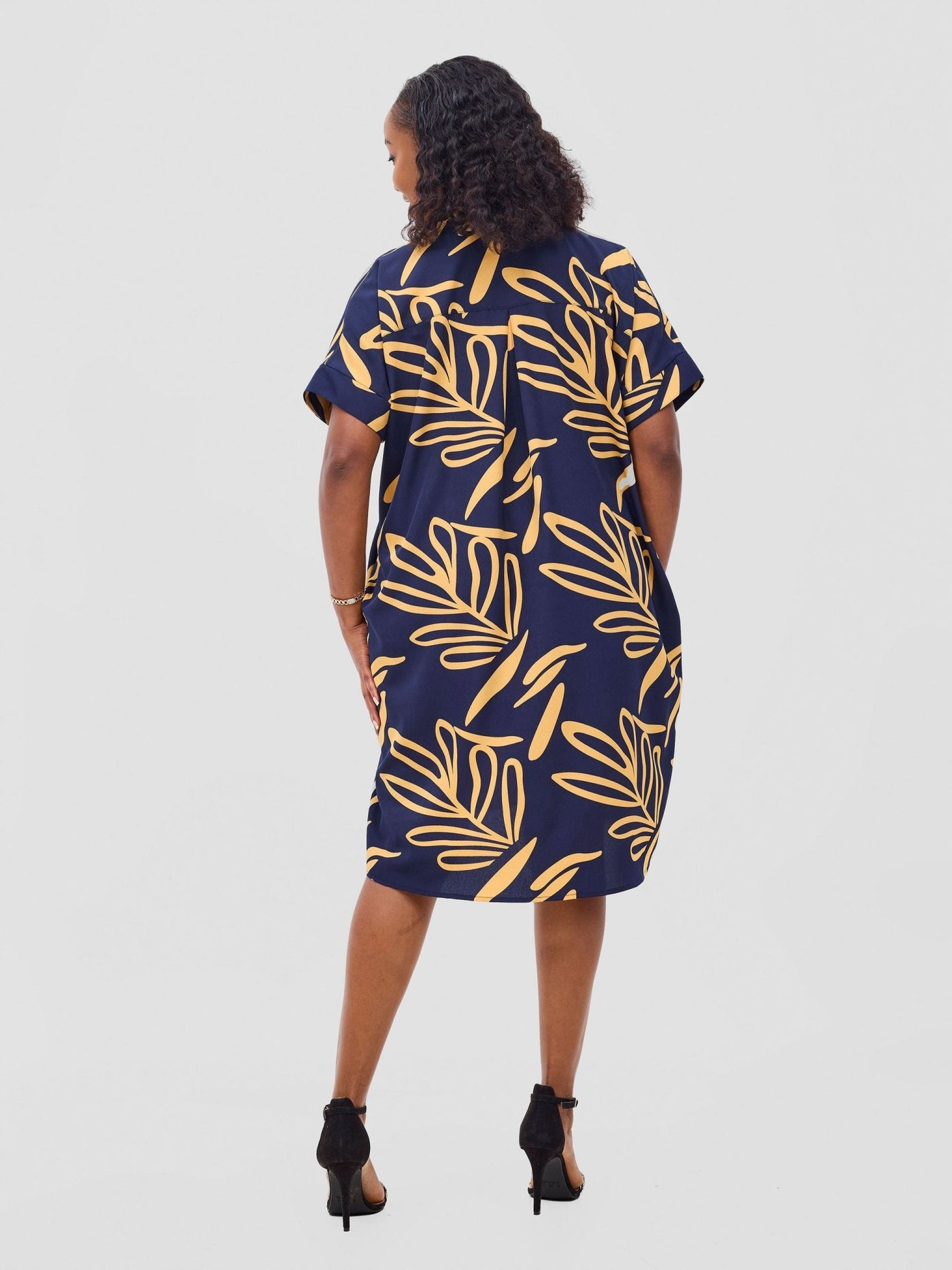 Reba Drop Shoulder Shirt Dress - Dark Navy / Mustard Print - Shopzetu