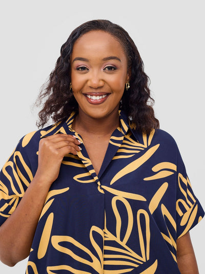 Reba Drop Shoulder Shirt Dress - Dark Navy / Mustard Print - Shopzetu