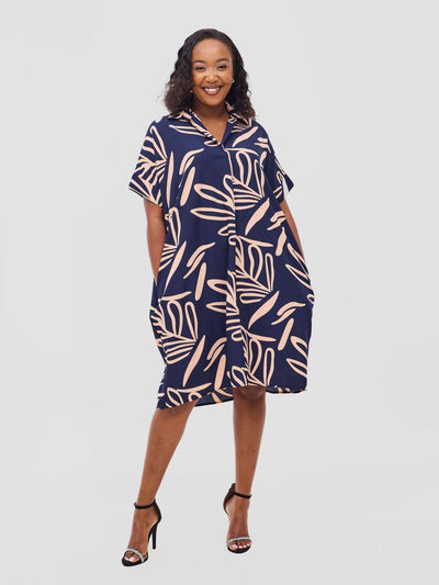 Reba Drop Shoulder Shirt Dress - Dark Navy / Peach Print - Shopzetu