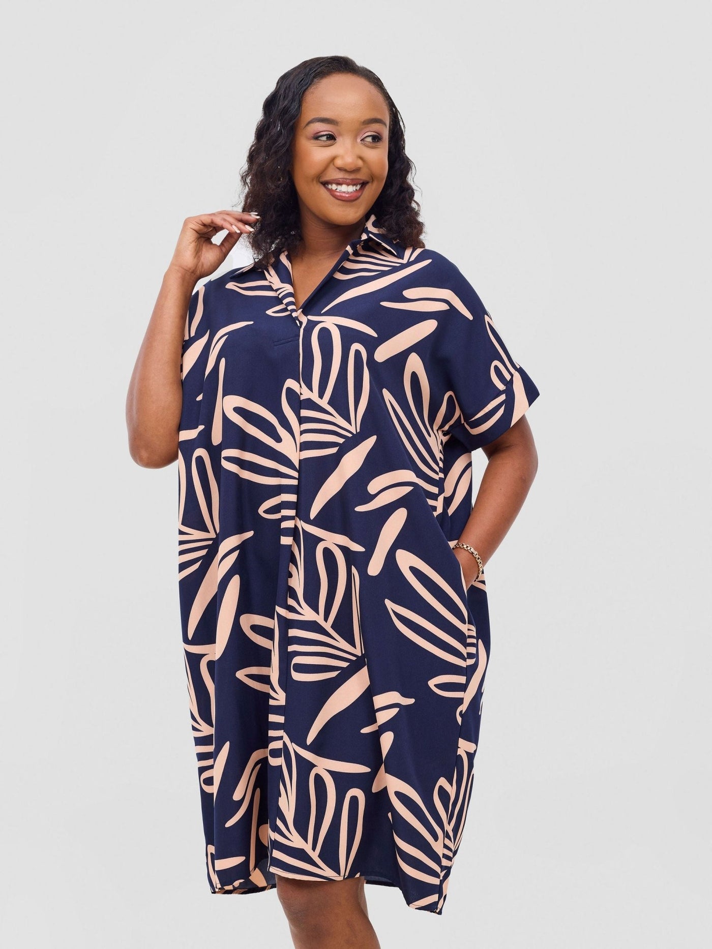 Reba Drop Shoulder Shirt Dress - Dark Navy / Peach Print - Shopzetu