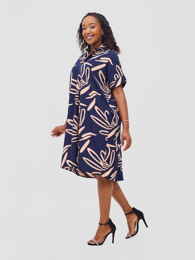 Reba Drop Shoulder Shirt Dress - Dark Navy / Peach Print - Shopzetu