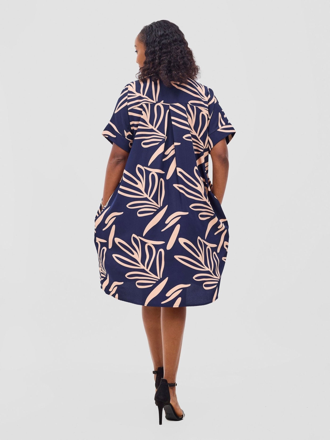 Reba Drop Shoulder Shirt Dress - Dark Navy / Peach Print - Shopzetu