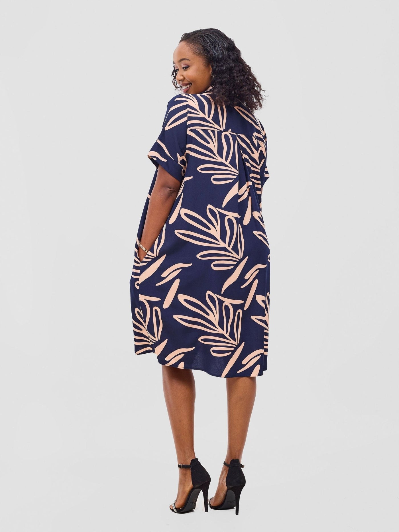 Reba Drop Shoulder Shirt Dress - Dark Navy / Peach Print - Shopzetu