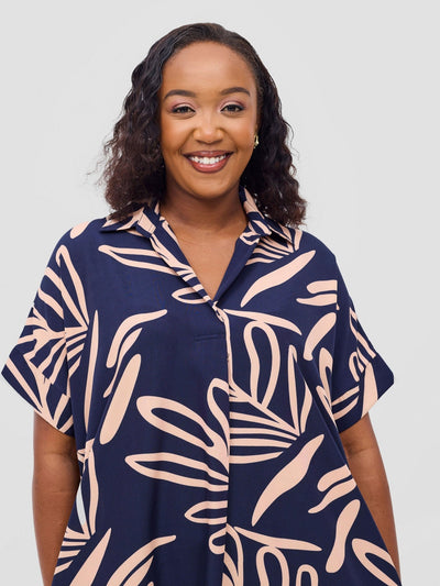 Reba Drop Shoulder Shirt Dress - Dark Navy / Peach Print - Shopzetu