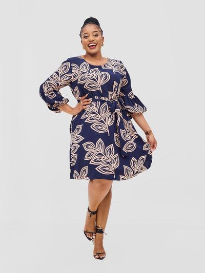 Vivo Zena Bishop Panel Long Sleeve Round Neck Dress - Navy / Peach Print - Shopzetu