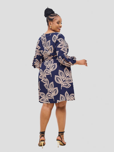 Vivo Zena Bishop Panel Long Sleeve Round Neck Dress - Navy / Peach Print - Shopzetu