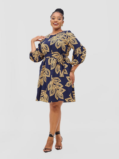 Vivo Zena Bishop Panel Long Sleeve Round Neck Dress - Navy / Yellow Print - Shopzetu