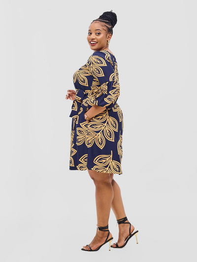 Vivo Zena Bishop Panel Long Sleeve Round Neck Dress - Navy / Yellow Print - Shopzetu