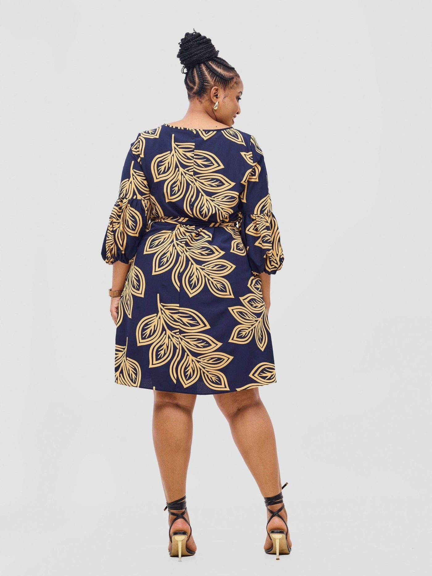 Vivo Zena Bishop Panel Long Sleeve Round Neck Dress - Navy / Yellow Print - Shopzetu