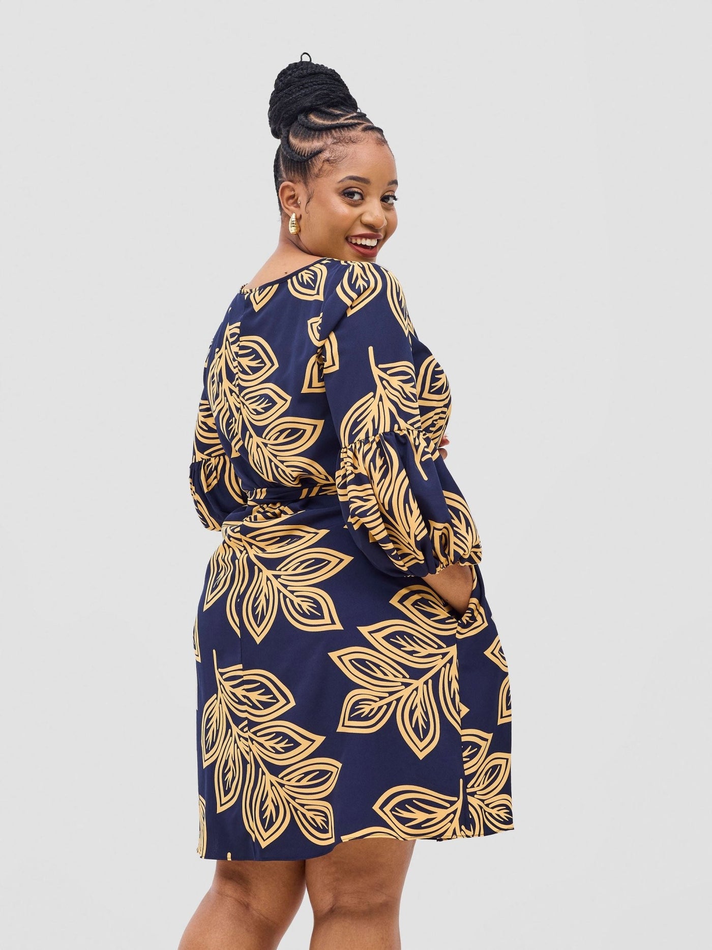 Vivo Zena Bishop Panel Long Sleeve Round Neck Dress - Navy / Yellow Print - Shopzetu