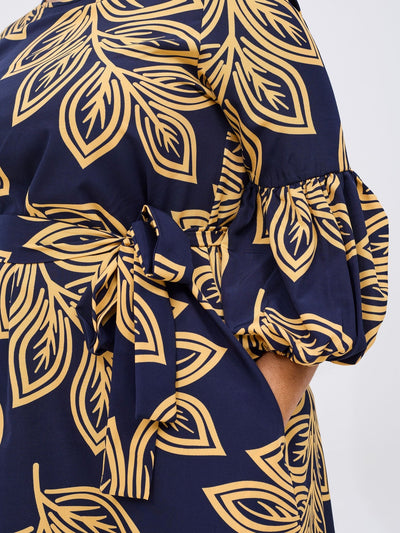 Vivo Zena Bishop Panel Long Sleeve Round Neck Dress - Navy / Yellow Print - Shopzetu