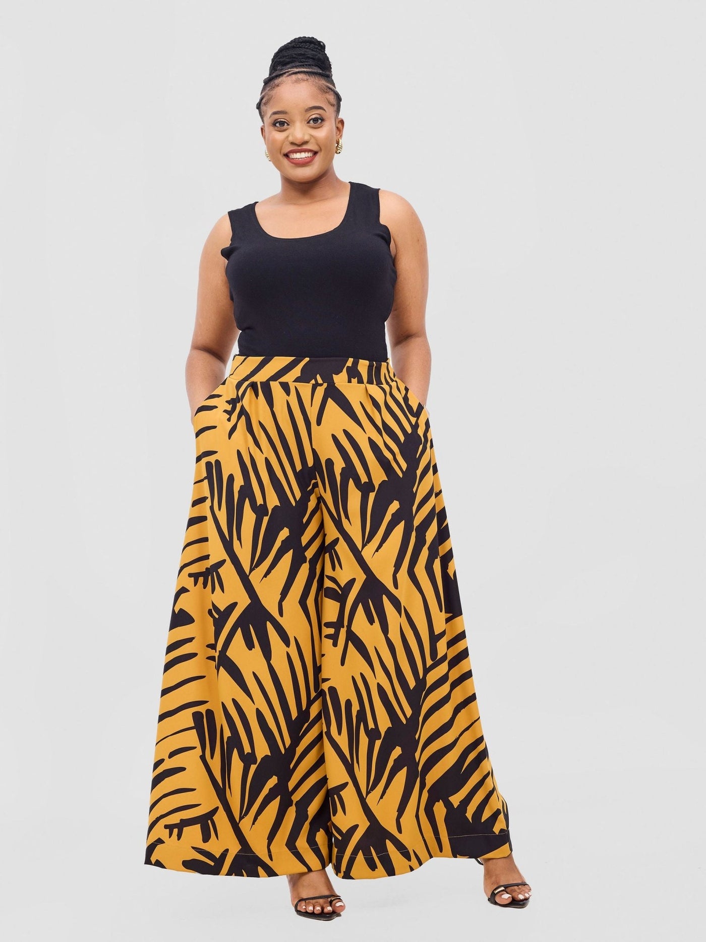 Vivo Ayla Crepe Pants - Mustard / Black Lala Print - Shopzetu