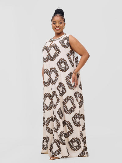 Vivo Ava Tent Maxi Dress - Cream / Brown Print - Shopzetu