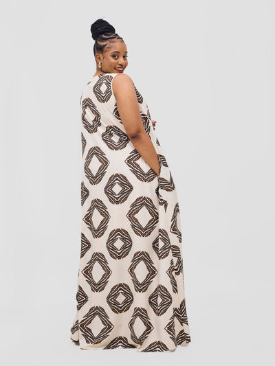 Vivo Ava Tent Maxi Dress - Cream / Brown Print - Shopzetu