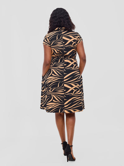 Vivo Zuri Cap Sleeve Knee Length Dress - Black / Orange Print - Shopzetu