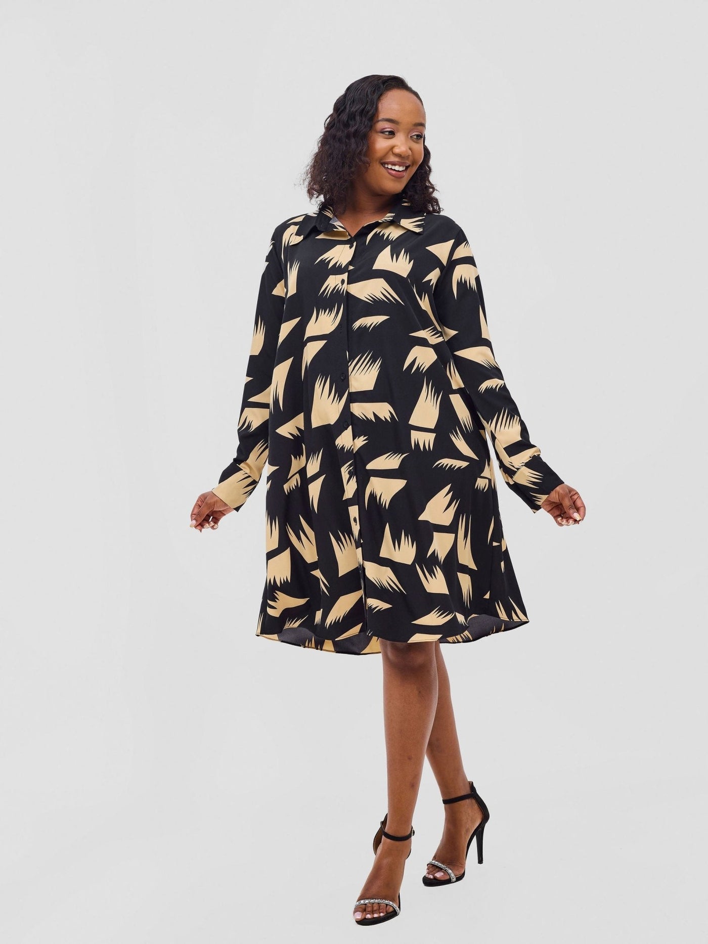 Vivo Basic Long Sleeve Tent Shirt Dress - Beige / Black Print - Shopzetu