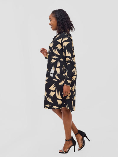 Vivo Basic Long Sleeve Tent Shirt Dress - Beige / Black Print - Shopzetu