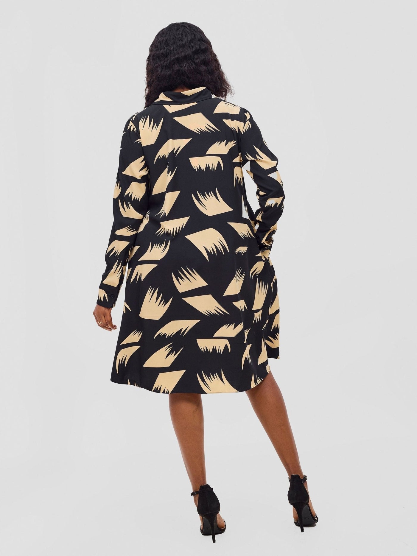 Vivo Basic Long Sleeve Tent Shirt Dress - Beige / Black Print - Shopzetu