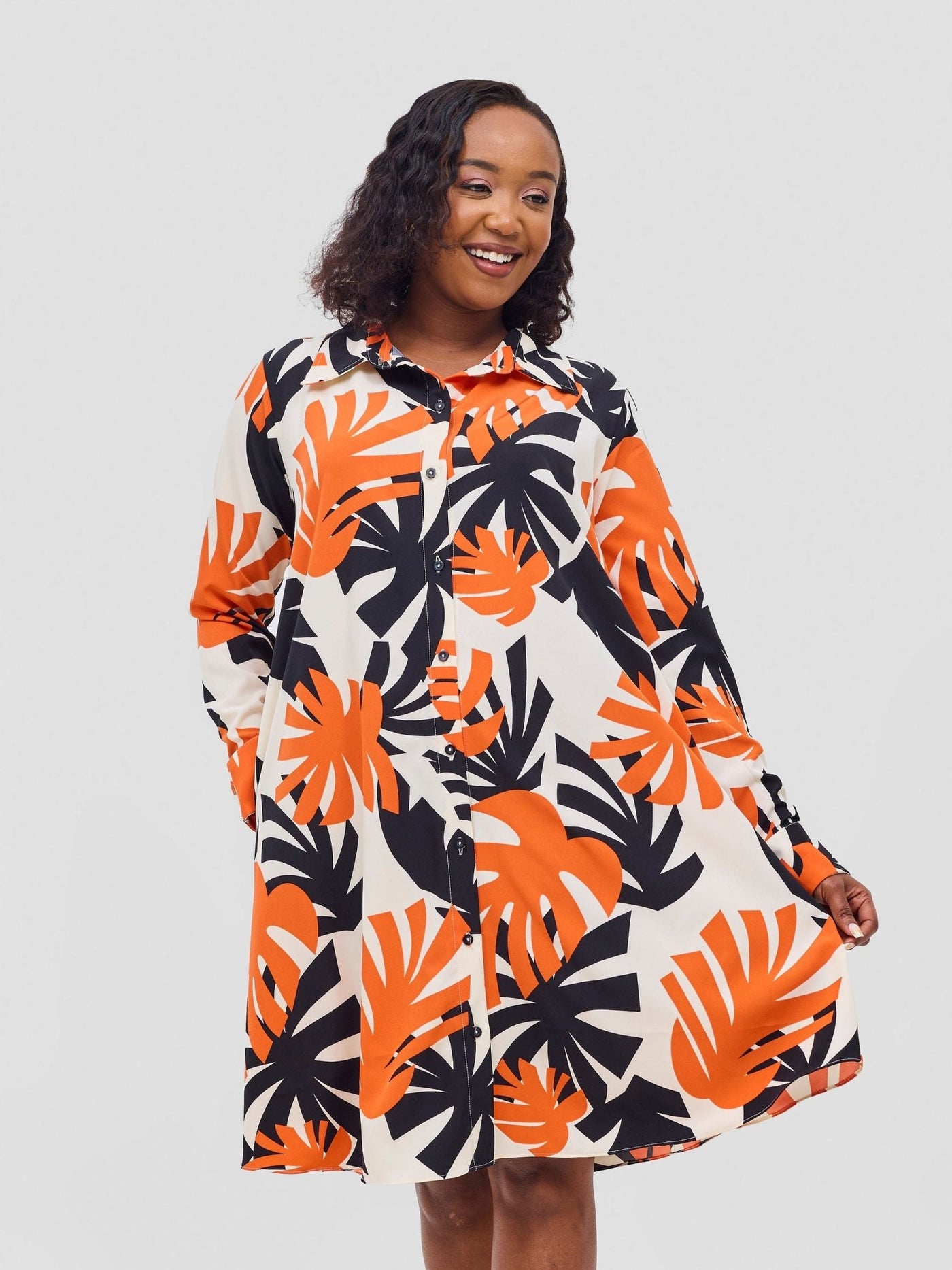 Vivo Basic Long Sleeve Tent Shirt Dress - Cream / Orange Print - Shopzetu