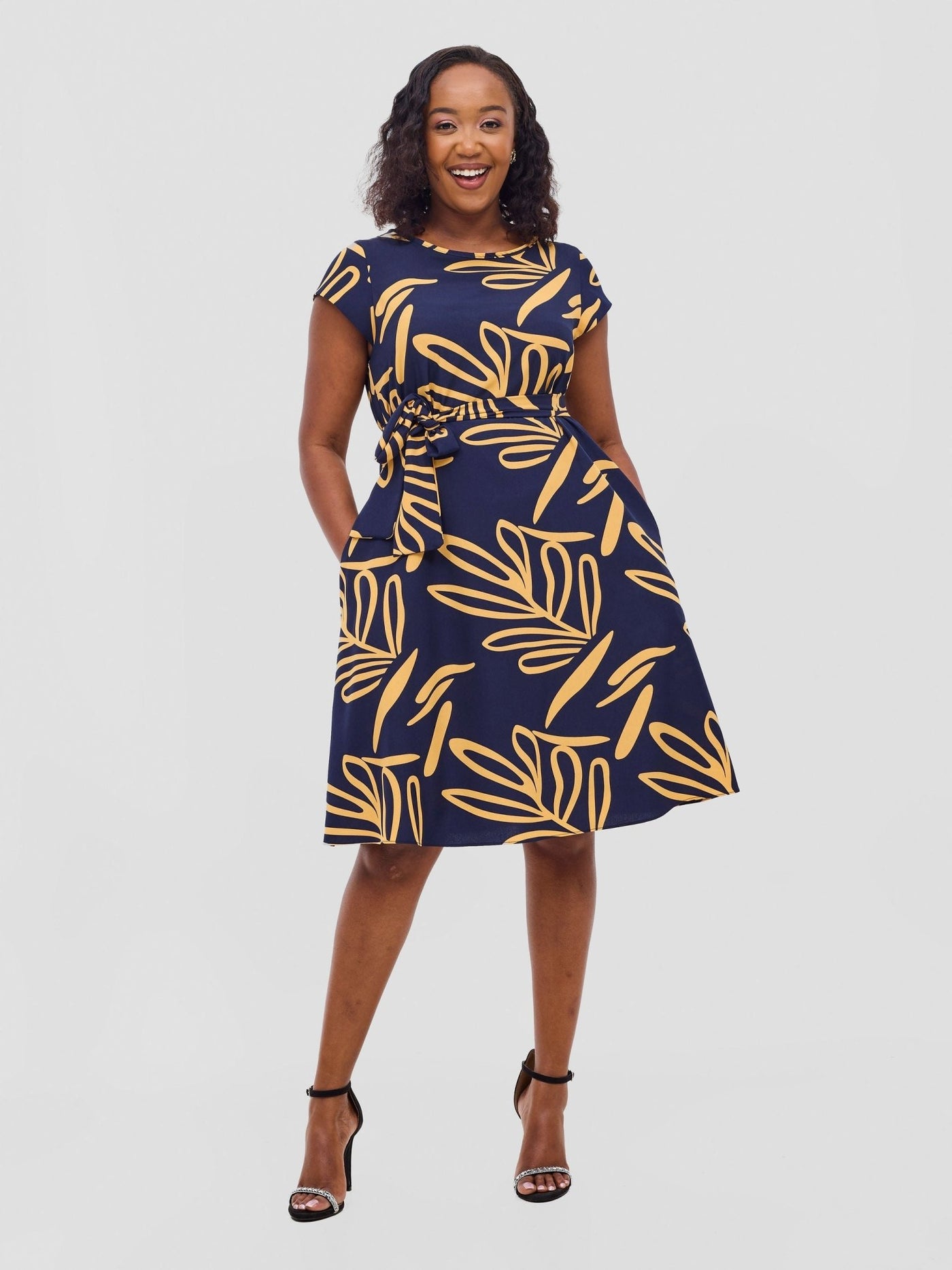 Vivo Basic Cap Sleeve Knee Length Dress - Dark Navy / Mustard Print - Shopzetu